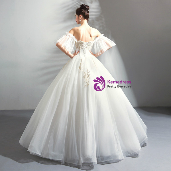 In Stock:Ship in 48 Hours White Tulle Off Ther Shoulder Weddign Dress