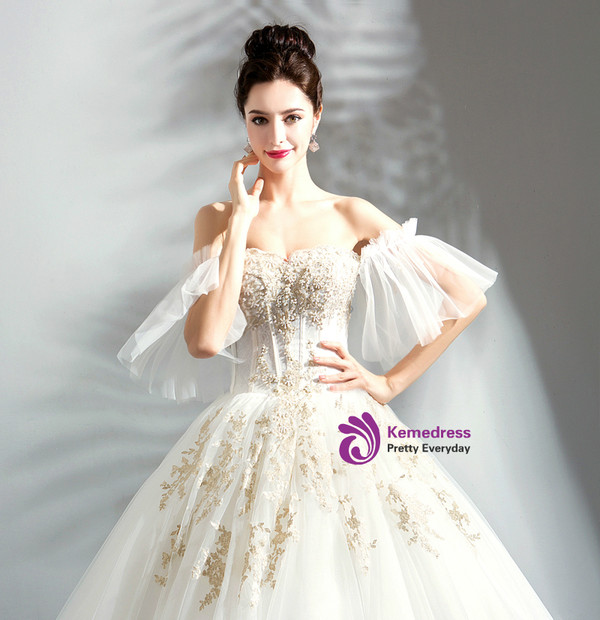 In Stock:Ship in 48 Hours White Tulle Off Ther Shoulder Weddign Dress