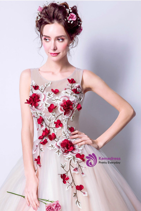 In Stock:Ship in 48 Hours Pink Gray Tulle Embroidery Weddign Dress
