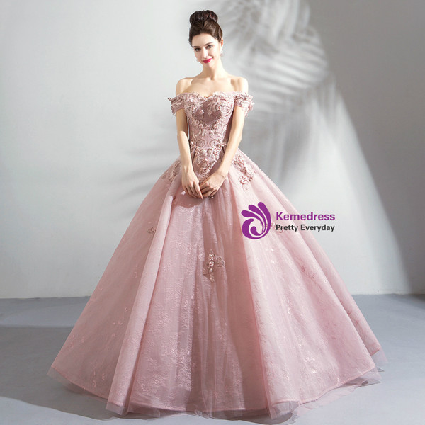 In Stock:Ship in 48 Hours Pink Organza Appliques Wedding Dress
