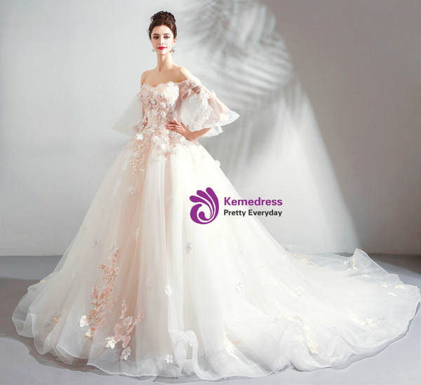 In Stock:Ship in 48 Hours White Off The Shoulder Wedding Dress With Train
