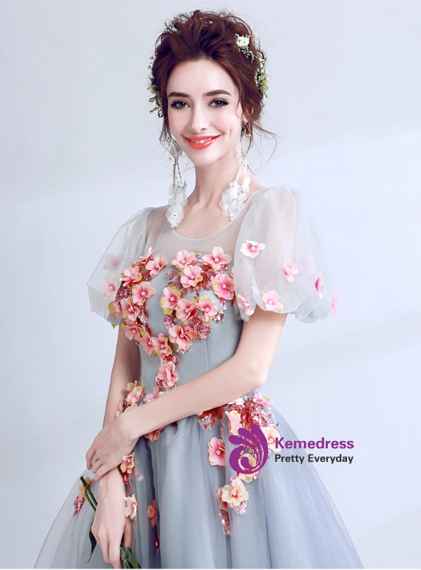 In Stock:Ship in 48 Hours Gray Tulle Appliques Long Wedding Dress