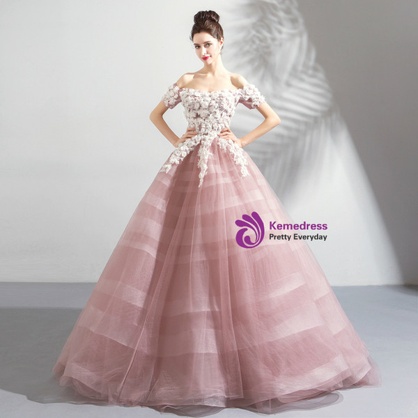 In Stock:Ship in 48 Hours Pink Off the Shoulder Appliques Wedding Dress