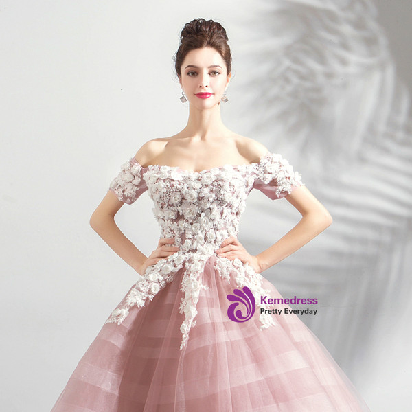 In Stock:Ship in 48 Hours Pink Off the Shoulder Appliques Wedding Dress