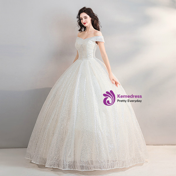 In Stock:Ship in 48 Hours Ball Gown Sequins Off The Shoulder Wedding Dress
