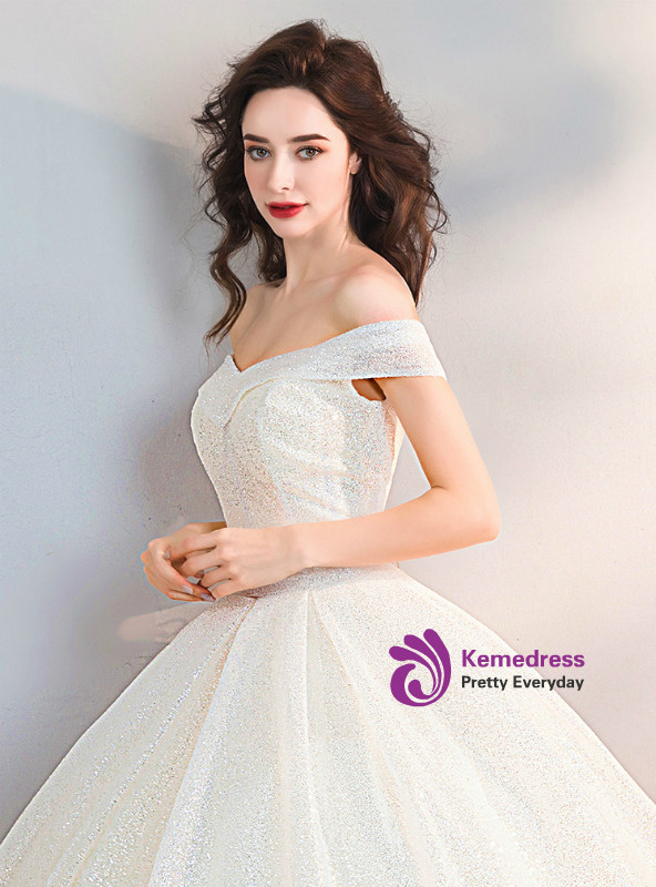 In Stock:Ship in 48 Hours Ball Gown Sequins Off The Shoulder Wedding Dress