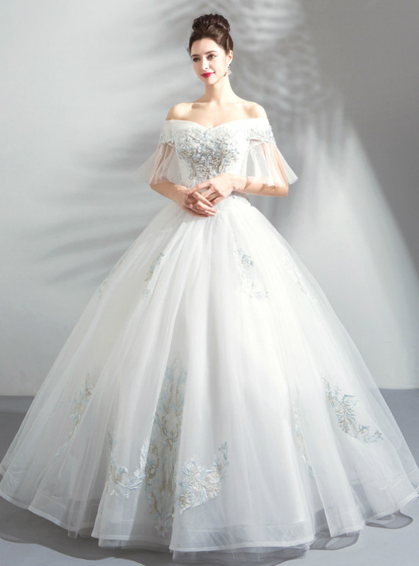 In Stock:Ship in 48 Hours White Ball Gown Tulle Wedding Dress With Pearls