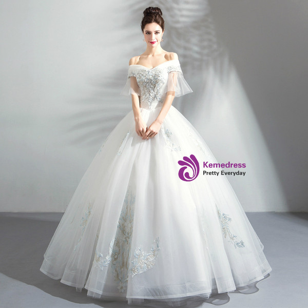 In Stock:Ship in 48 Hours White Ball Gown Tulle Wedding Dress With Pearls