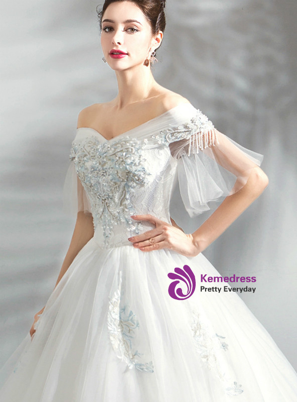 In Stock:Ship in 48 Hours White Ball Gown Tulle Wedding Dress With Pearls