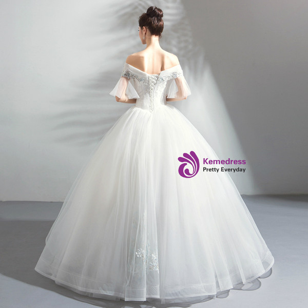 In Stock:Ship in 48 Hours White Ball Gown Tulle Wedding Dress With Pearls