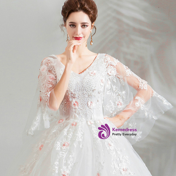 In Stock:Ship in 48 Hours White Tulle V-neck Wedding Dress With beading