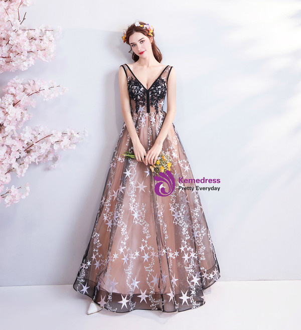 In Stock:Ship in 48 Hours Black And Pink Deep V-neck Backless Prom Dress