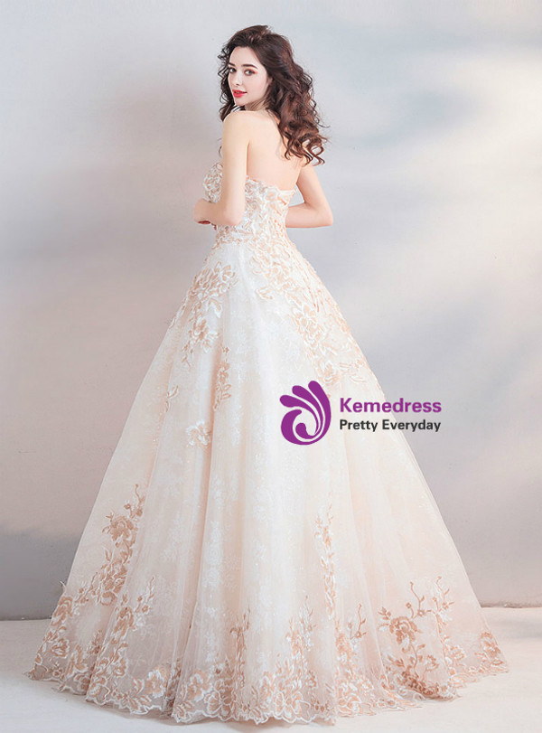 In Stock:Ship in 48 Hours Apricot White Tulle Embroidery Weddign Dress