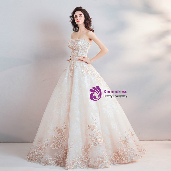In Stock:Ship in 48 Hours Apricot White Tulle Embroidery Weddign Dress