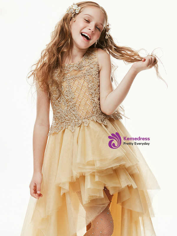 In Stock:Ship in 48 Hours Gold Hi Lo Tulle Appliques Flower Girl Dress