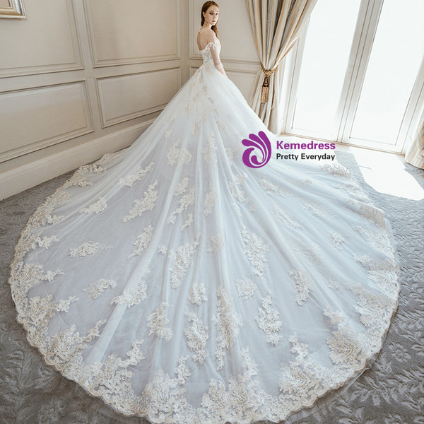 White Ball Gown Tulle Lace Appliques Short Sleeve Backless Wedding Dress