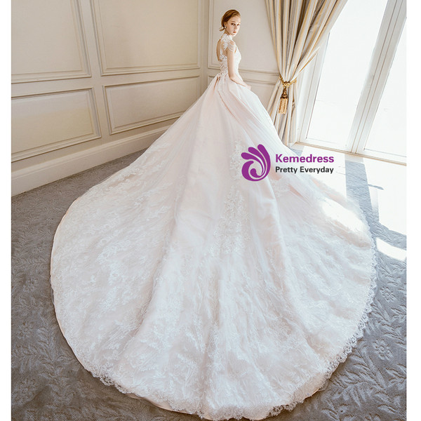 Champagne Ball Gown High Neck Backless Appliques Wedding Dress