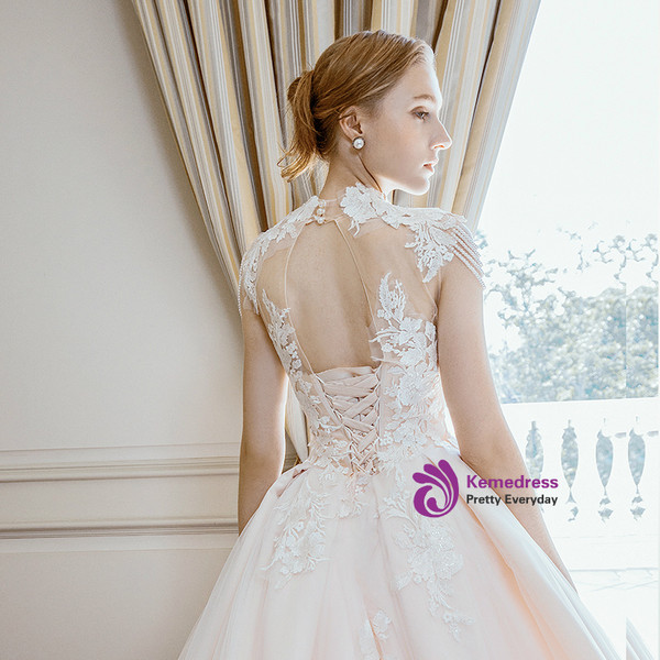 Champagne Ball Gown High Neck Backless Appliques Wedding Dress