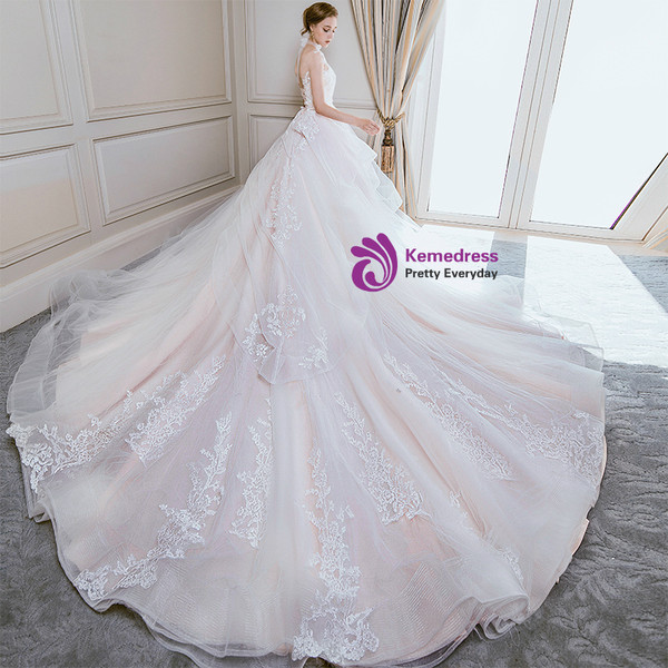 Champagne Tulle Lace Appliques Cap Sleeve Backless Wedding Dress