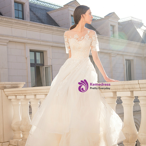 Champagne Tulle Lace Appliques Short Sleeve Long Wedding Dress