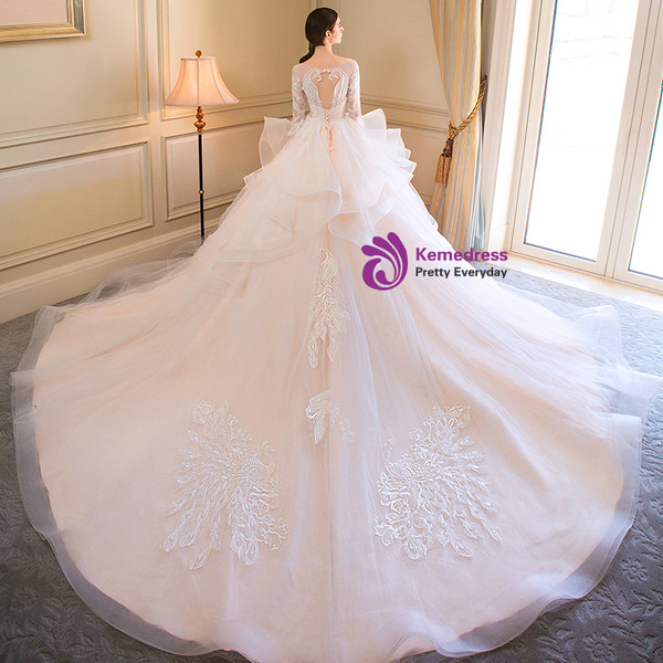 Champagne Tulle Appliques Half Sleeve Backless Wedding Dress