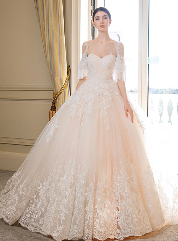 Champagne Ball Gown Tulle Lace Straps Backless Wedding Dress