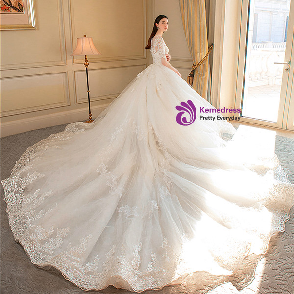 White Ball Gown Tulle Appliques Short Sleeve Wedding Dress