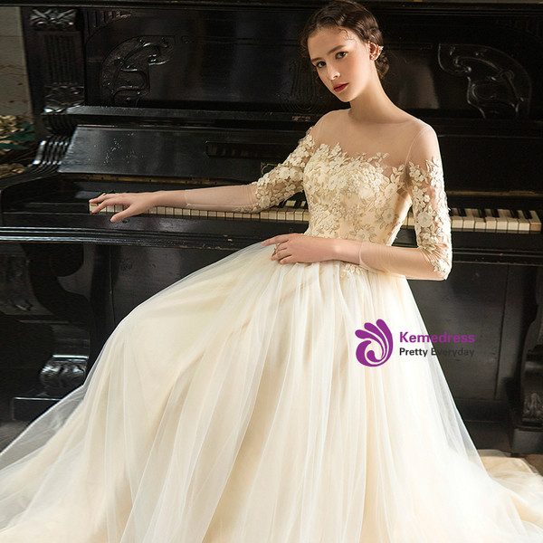 A-Line Simple Gold Appliques Embroidery Long Sleeve Wedding Dress