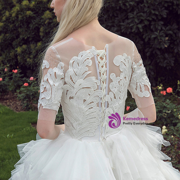 White Ball Gown Short Sleeve Appliques Long Train Wedding Dress