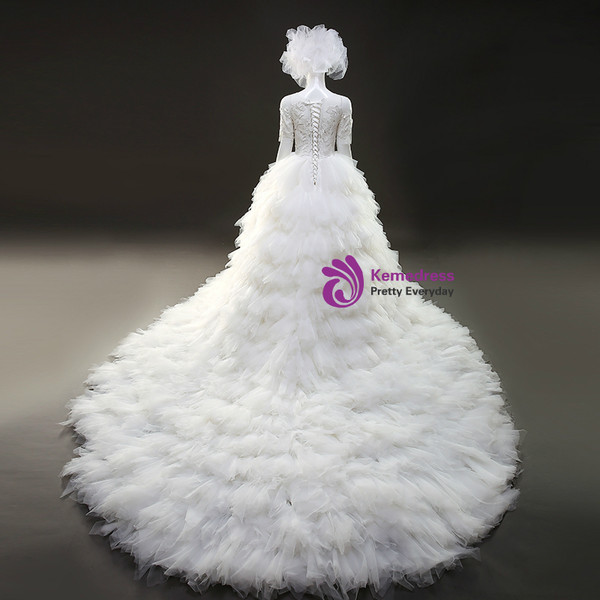 White Ball Gown Short Sleeve Appliques Long Train Wedding Dress