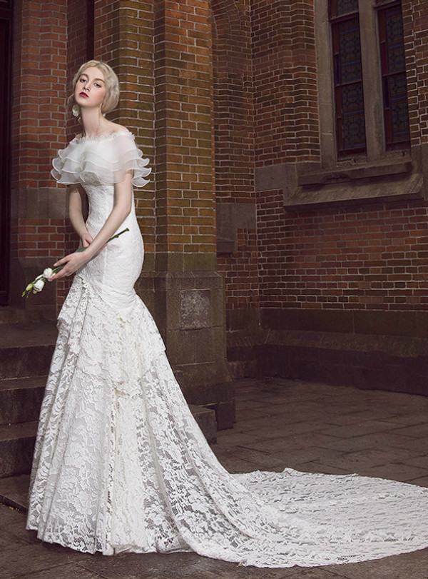 White Lace Mermaid Off The Shoulder Wedding Dress With Train