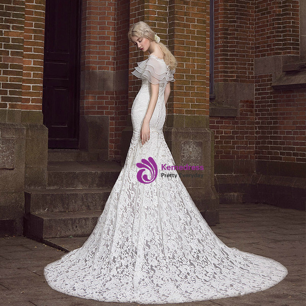 White Lace Mermaid Off The Shoulder Wedding Dress With Train