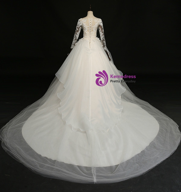 White Ball Gown Tulle Lace Appliques Long Sleeve Wedding Dress