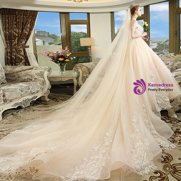 Champagne Tulle Appliques Off The Shoulder With Long Train Wedding Dress