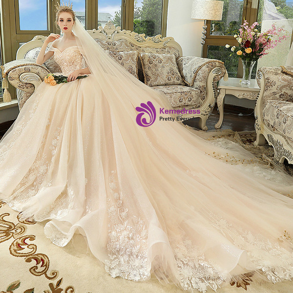 Champagne Tulle Appliques Off The Shoulder With Long Train Wedding Dress