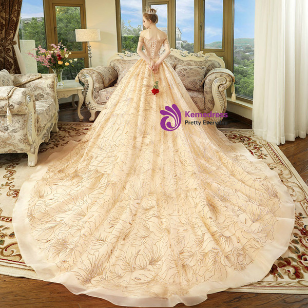 Champagne Tulle Sequins Off The Shoulder Short Sleeve Wedding Dress