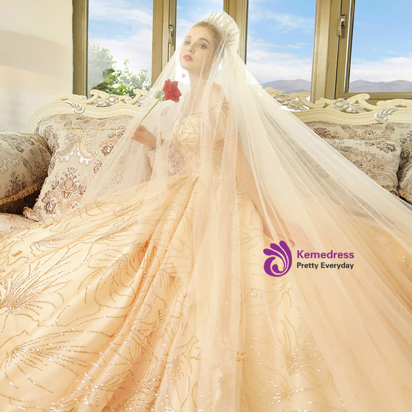 Champagne Tulle Sequins Off The Shoulder Short Sleeve Wedding Dress