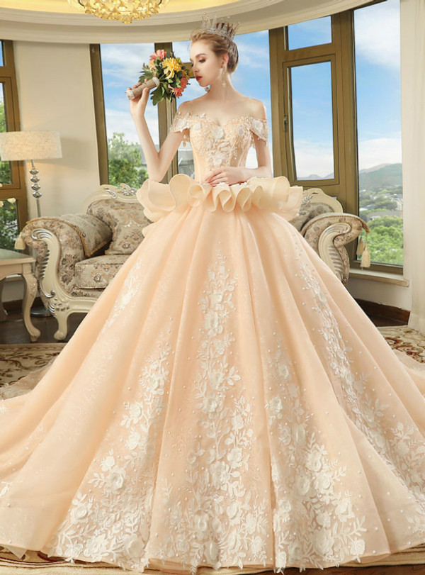 Champagne Lace Appliques Off The Shoulder With Train Wedding Dress