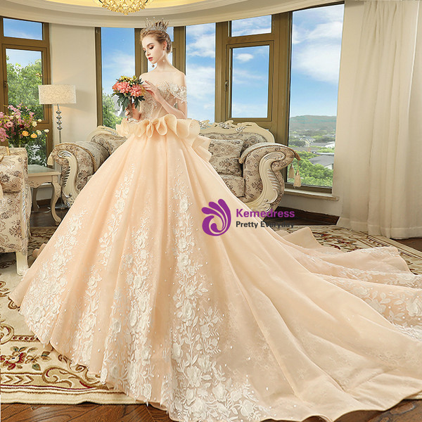 Champagne Lace Appliques Off The Shoulder With Train Wedding Dress