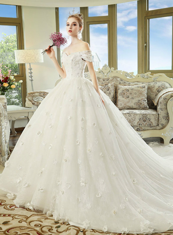 White Ball Gown Off The Shoulder Appliques Wedding Dress