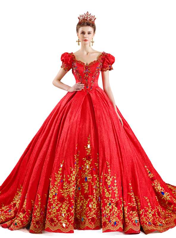 Red Ball Gown Lace Puff Sleeve Gold Appliuqes Wedding Dress With Crystal