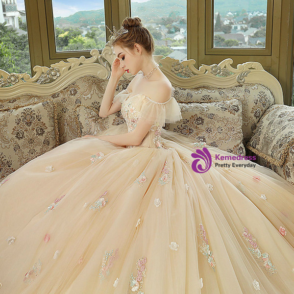 Champagne Tulle Colorful  Appliques Off The Shoulder Wedding Dress