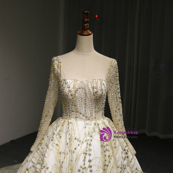 Ball Gown Tulle Gold Sequins Lace Long Sleeve Backless Wedding Dress With Long Train