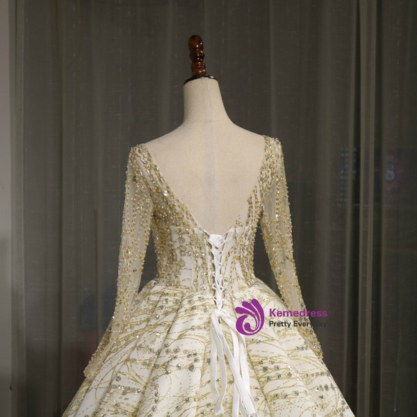 Ball Gown Tulle Gold Sequins Lace Long Sleeve Backless Wedding Dress With Long Train