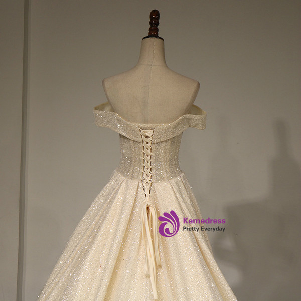 Champange Ball Gown Tulle Off The Shoulder Backless Wedding Dress