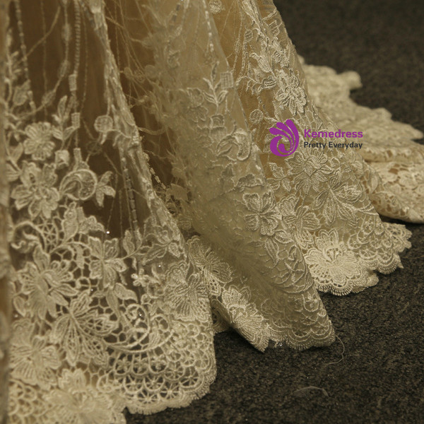 Champange Tulle Mermaid Sequins Lace Appliques Cap Sleeve Wedding Dress