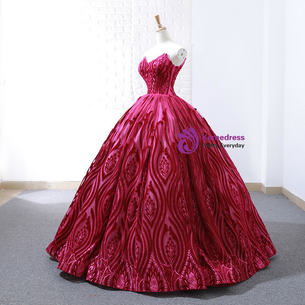 Red Ball Gown Lace Embroidery Sweetheart Floor Length Wedding Dress