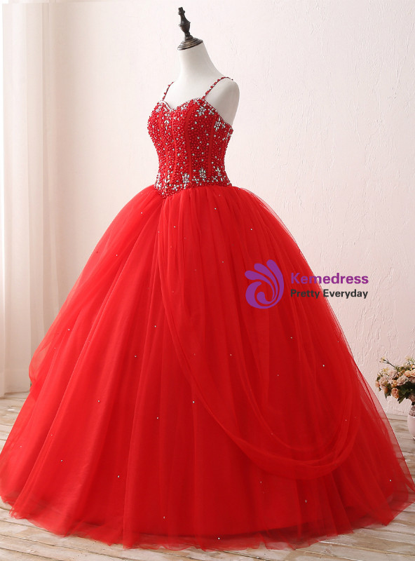 Red Ball Gown Spaghetti Straps Tulle Sweet 16 Dresses With Beading