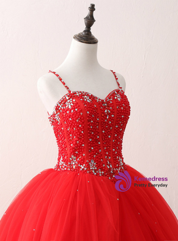 Red Ball Gown Spaghetti Straps Tulle Sweet 16 Dresses With Beading