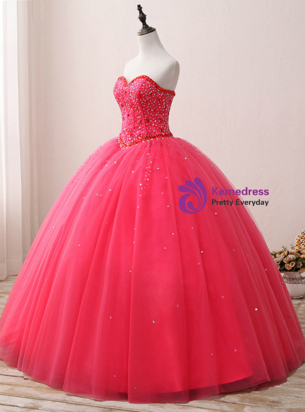 Rose Red Ball Gown Sweetheart Neck 16 Birthday Dress With Crystal